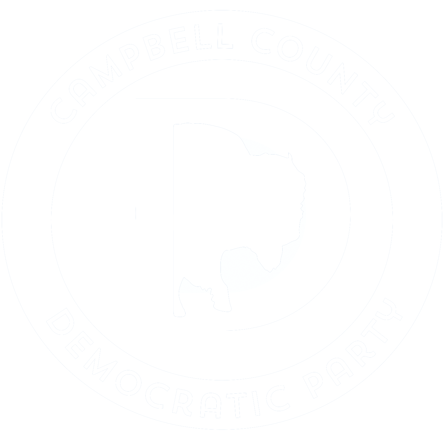 Circle with a D in the middle. The middle of the D is a bison head and front legs. The words in the circle read Campbell County Democratic Party.